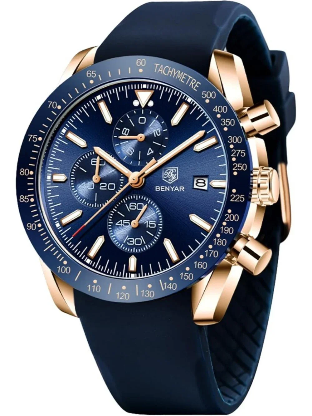 Men's Gold Blue Chronograph Analog Quartz Silicone Strap Casual Wrist Watch